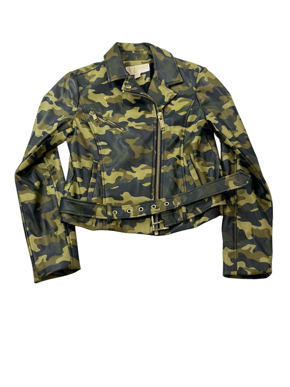 Michael Kors Green Camouflage Faux Leather Moto Jacket Womens Size XS